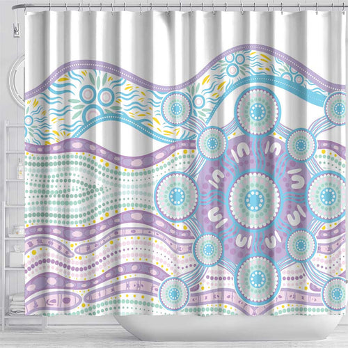 Australian Indigenous Aboriginal Art Shower Curtain Vivid Pastel Pink Teal