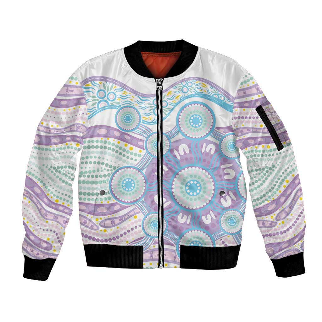 Australian Indigenous Aboriginal Art Sleeve Zip Bomber Jacket Vivid Pastel Pink Teal
