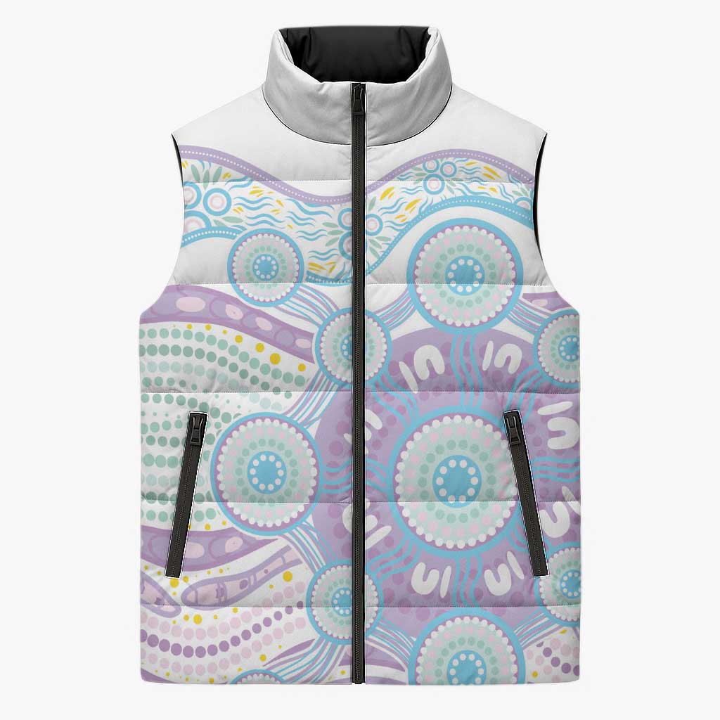 Australian Indigenous Aboriginal Art Sleeveless Puffer Jacket Vivid Pastel Pink Teal