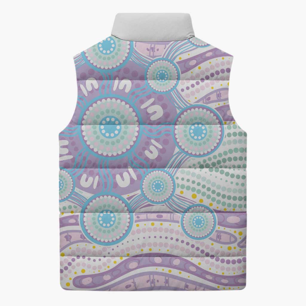 Australian Indigenous Aboriginal Art Sleeveless Puffer Jacket Vivid Pastel Pink Teal