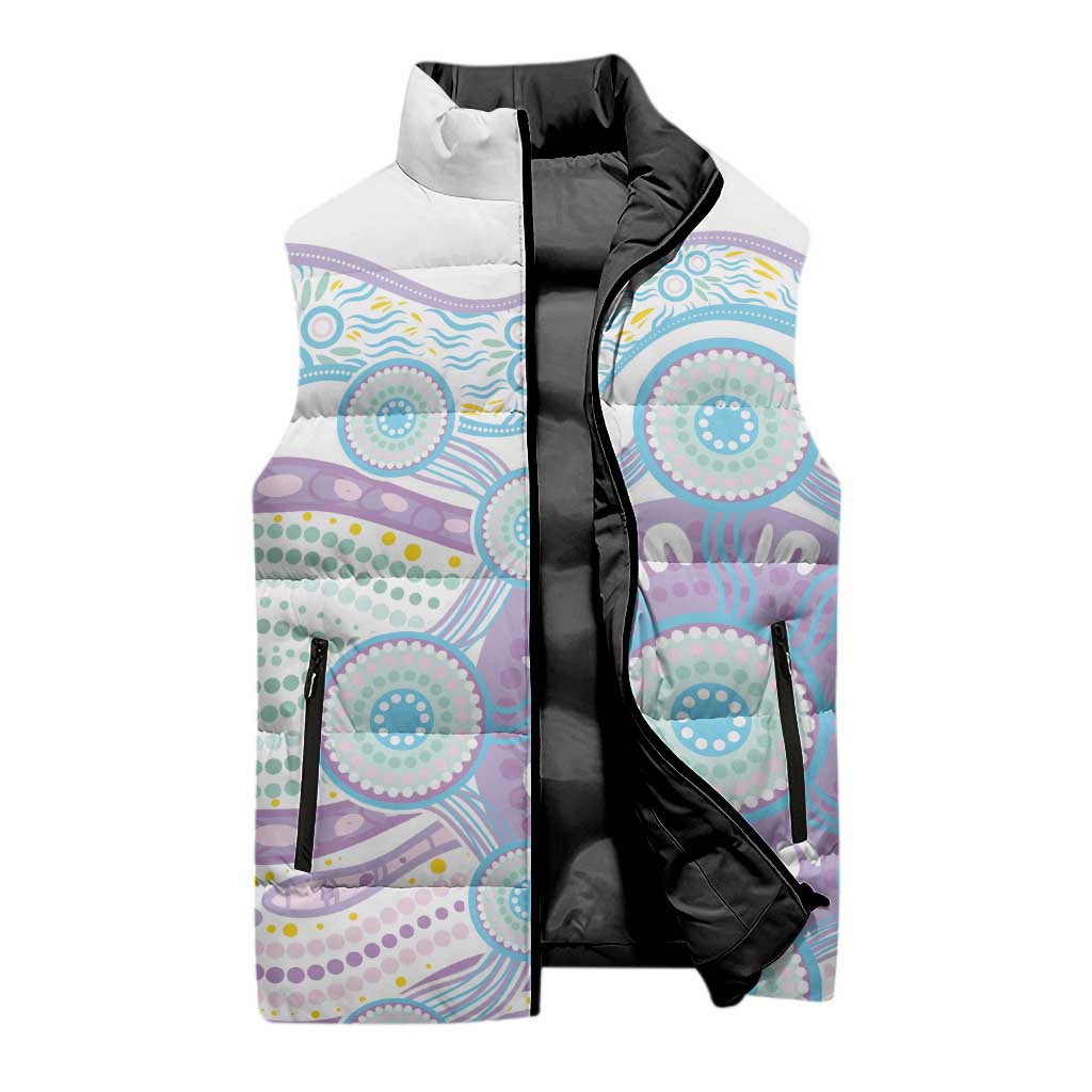 Australian Indigenous Aboriginal Art Sleeveless Puffer Jacket Vivid Pastel Pink Teal