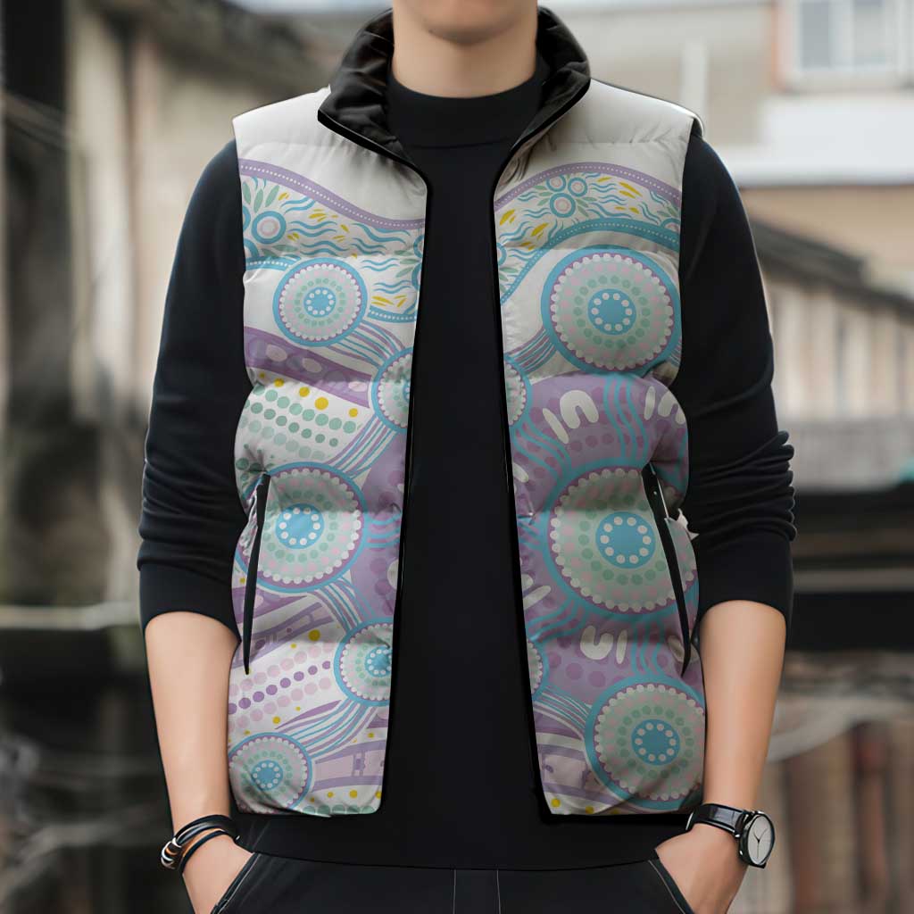 Australian Indigenous Aboriginal Art Sleeveless Puffer Jacket Vivid Pastel Pink Teal
