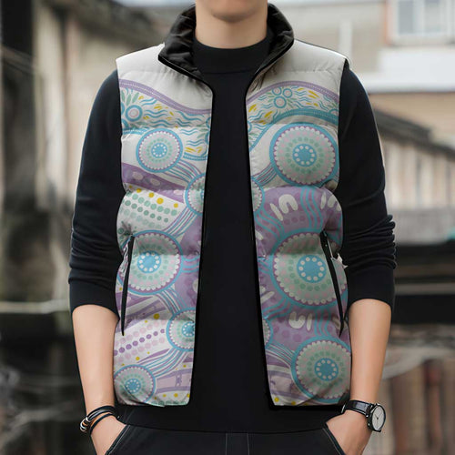 Australian Indigenous Aboriginal Art Sleeveless Puffer Jacket Vivid Pastel Pink Teal