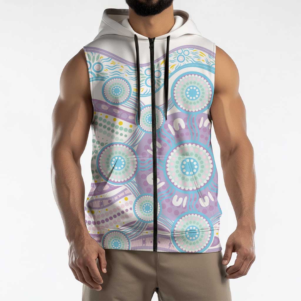 Australian Indigenous Aboriginal Art Sleeveless Zip Hoodie Vivid Pastel Pink Teal