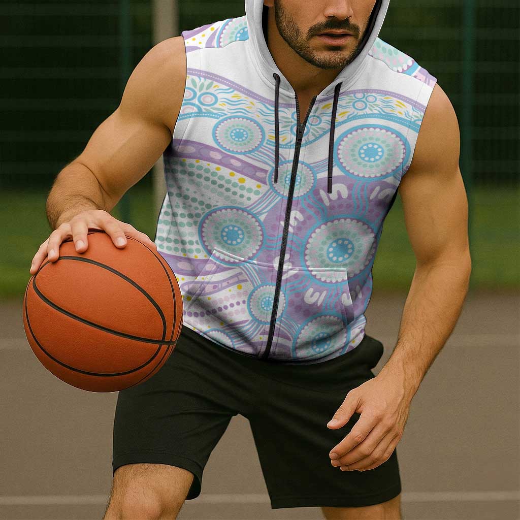 Australian Indigenous Aboriginal Art Sleeveless Zip Hoodie Vivid Pastel Pink Teal