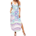 Australian Indigenous Aboriginal Art Summer Maxi Dress Vivid Pastel Pink Teal
