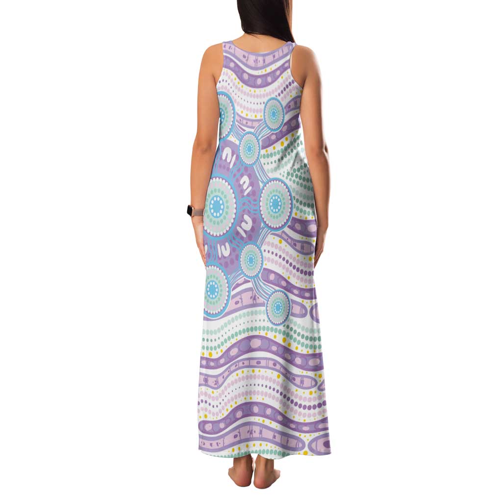 Australian Indigenous Aboriginal Art Tank Maxi Dress Vivid Pastel Pink Teal