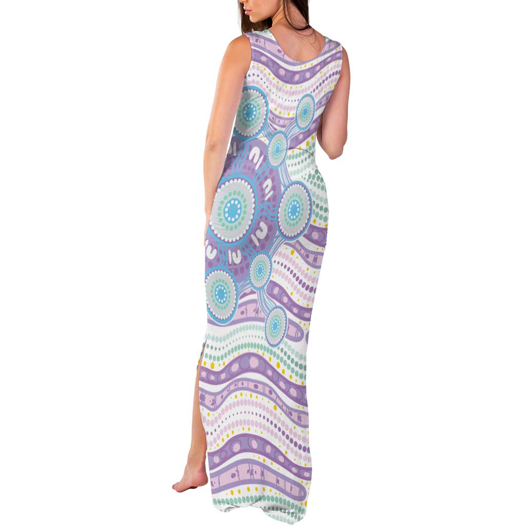Australian Indigenous Aboriginal Art Tank Maxi Dress Vivid Pastel Pink Teal