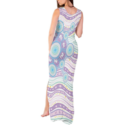 Australian Indigenous Aboriginal Art Tank Maxi Dress Vivid Pastel Pink Teal
