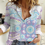 Australian Indigenous Aboriginal Art Women Casual Shirt Vivid Pastel Pink Teal