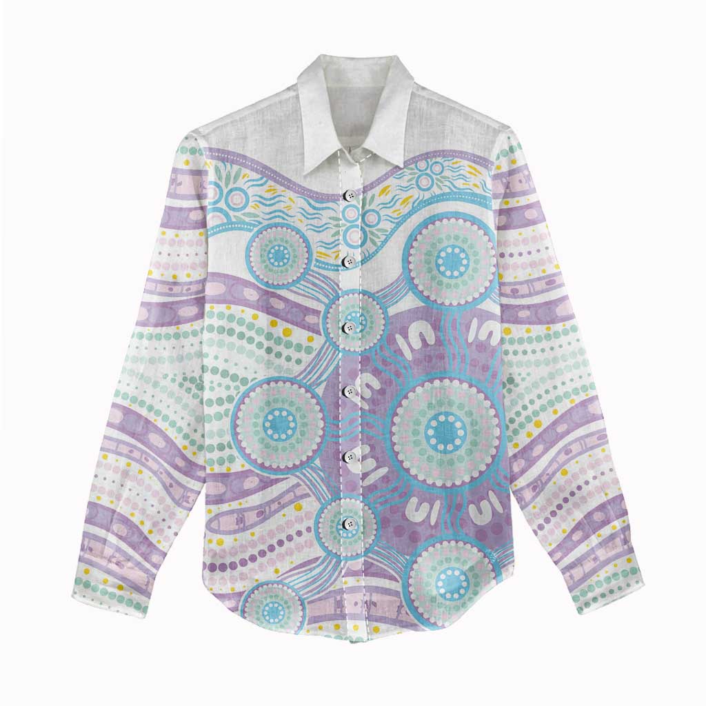 Australian Indigenous Aboriginal Art Women Casual Shirt Vivid Pastel Pink Teal