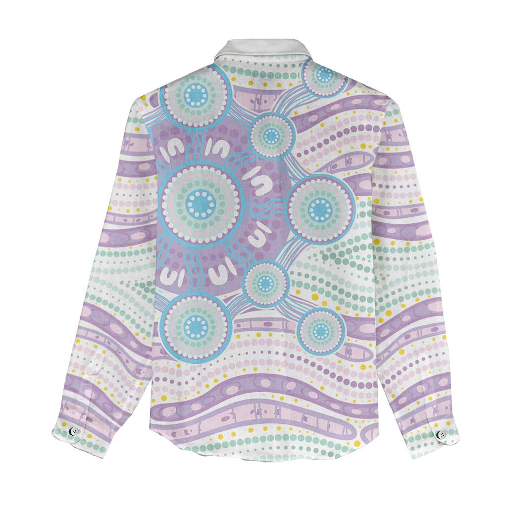Australian Indigenous Aboriginal Art Women Casual Shirt Vivid Pastel Pink Teal
