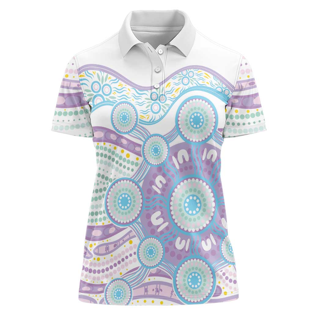 Australian Indigenous Aboriginal Art Women Polo Shirt Vivid Pastel Pink Teal