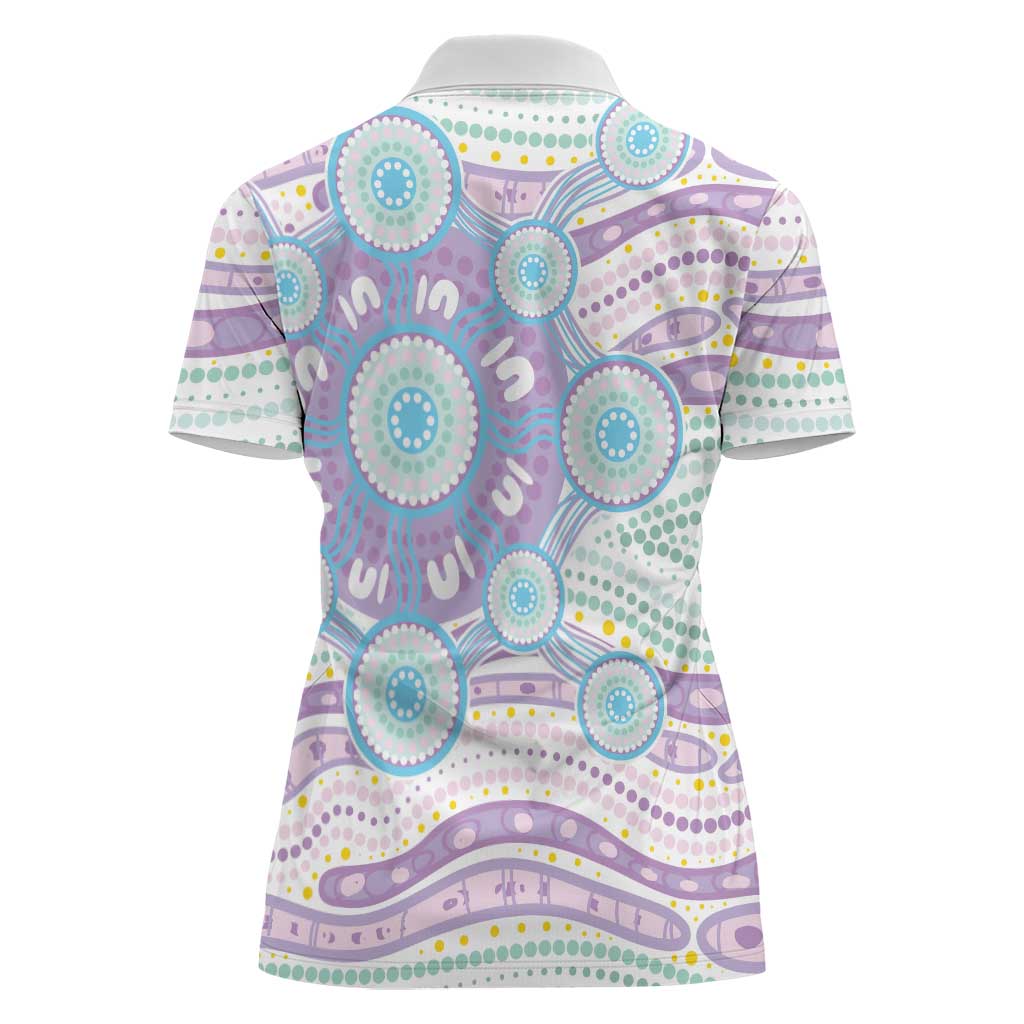 Australian Indigenous Aboriginal Art Women Polo Shirt Vivid Pastel Pink Teal