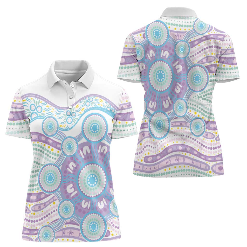 Australian Indigenous Aboriginal Art Women Polo Shirt Vivid Pastel Pink Teal