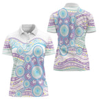 Australian Indigenous Aboriginal Art Women Polo Shirt Vivid Pastel Pink Teal