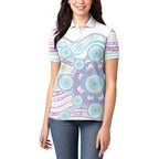 Australian Indigenous Aboriginal Art Women Polo Shirt Vivid Pastel Pink Teal