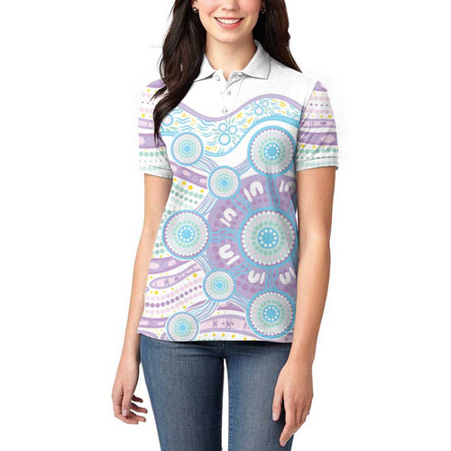 Australian Indigenous Aboriginal Art Women Polo Shirt Vivid Pastel Pink Teal