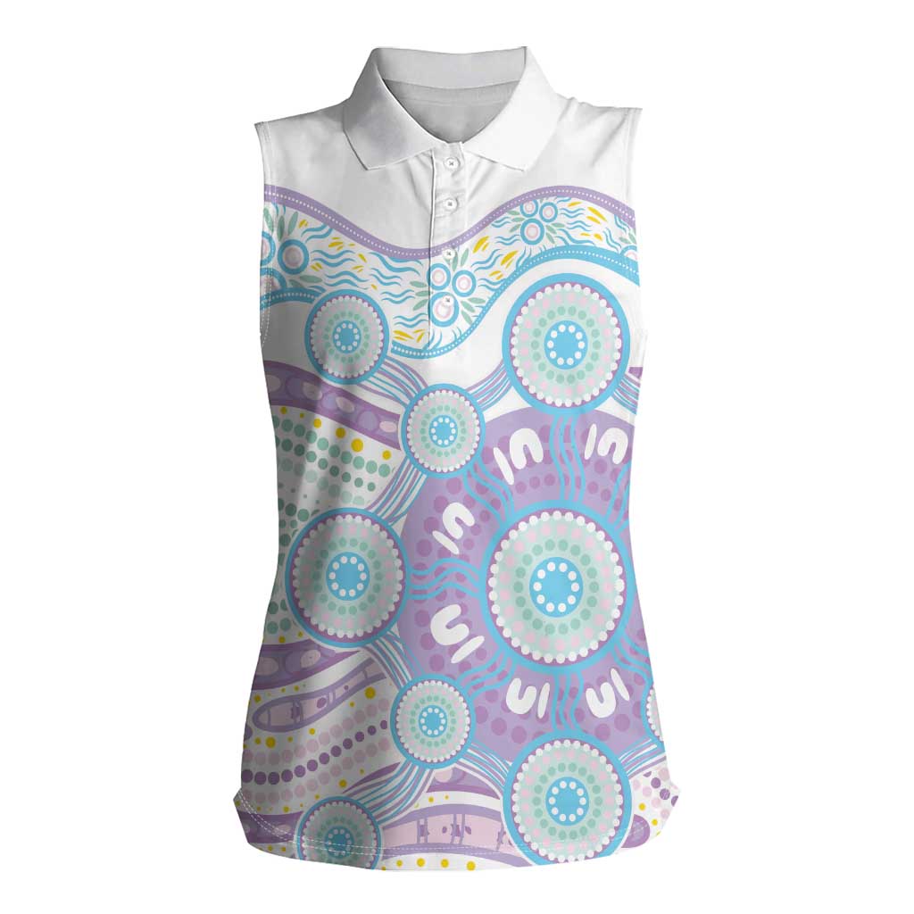 Australian Indigenous Aboriginal Art Women Sleeveless Polo Shirt Vivid Pastel Pink Teal