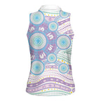 Australian Indigenous Aboriginal Art Women Sleeveless Polo Shirt Vivid Pastel Pink Teal