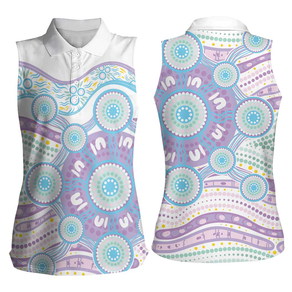 Australian Indigenous Aboriginal Art Women Sleeveless Polo Shirt Vivid Pastel Pink Teal