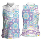 Australian Indigenous Aboriginal Art Women Sleeveless Polo Shirt Vivid Pastel Pink Teal