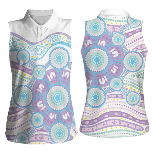 Australian Indigenous Aboriginal Art Women Sleeveless Polo Shirt Vivid Pastel Pink Teal