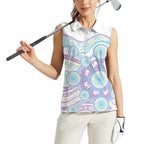 Australian Indigenous Aboriginal Art Women Sleeveless Polo Shirt Vivid Pastel Pink Teal