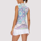 Australian Indigenous Aboriginal Art Women Sleeveless Polo Shirt Vivid Pastel Pink Teal