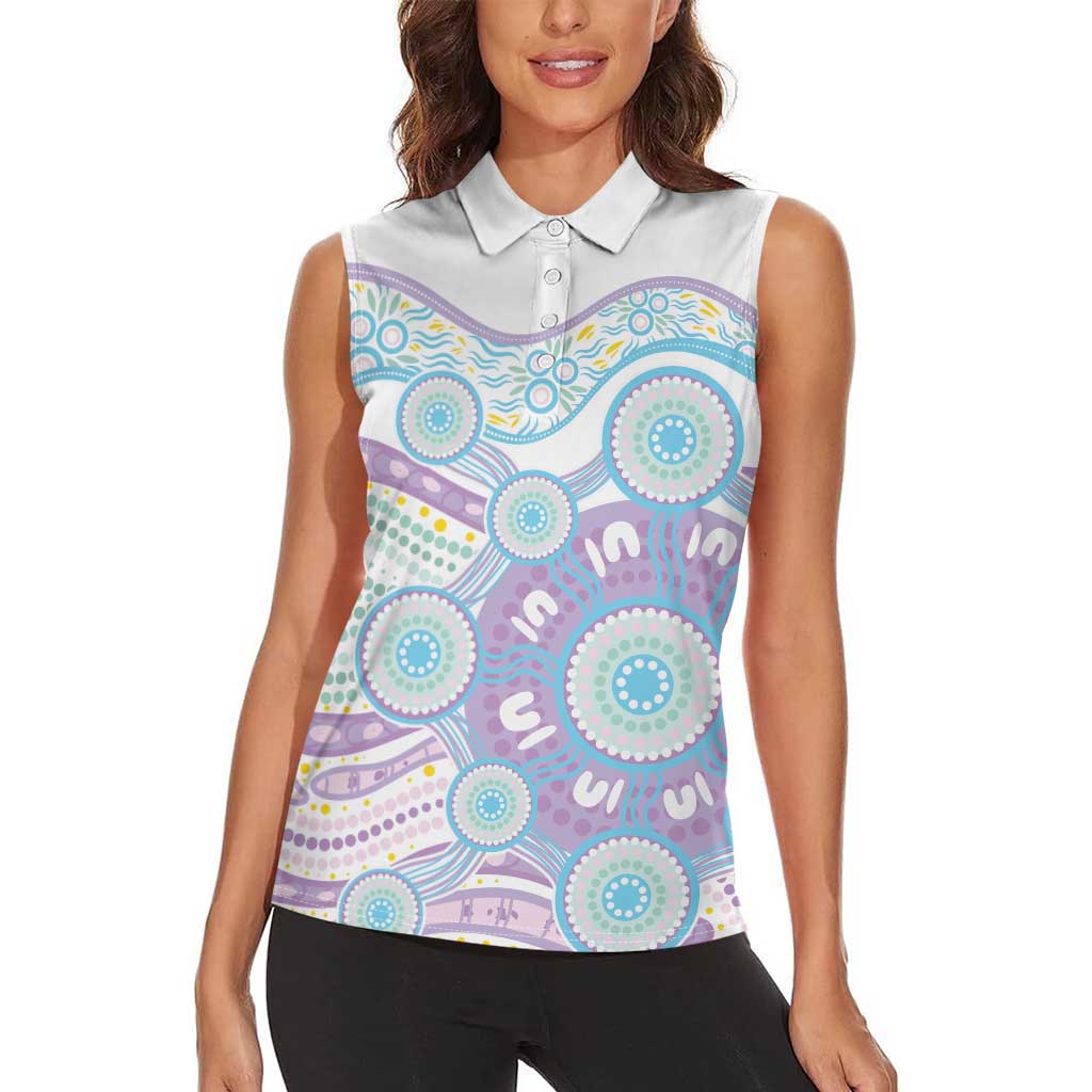 Australian Indigenous Aboriginal Art Women Sleeveless Polo Shirt Vivid Pastel Pink Teal
