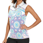 Australian Indigenous Aboriginal Art Women Sleeveless Polo Shirt Vivid Pastel Pink Teal
