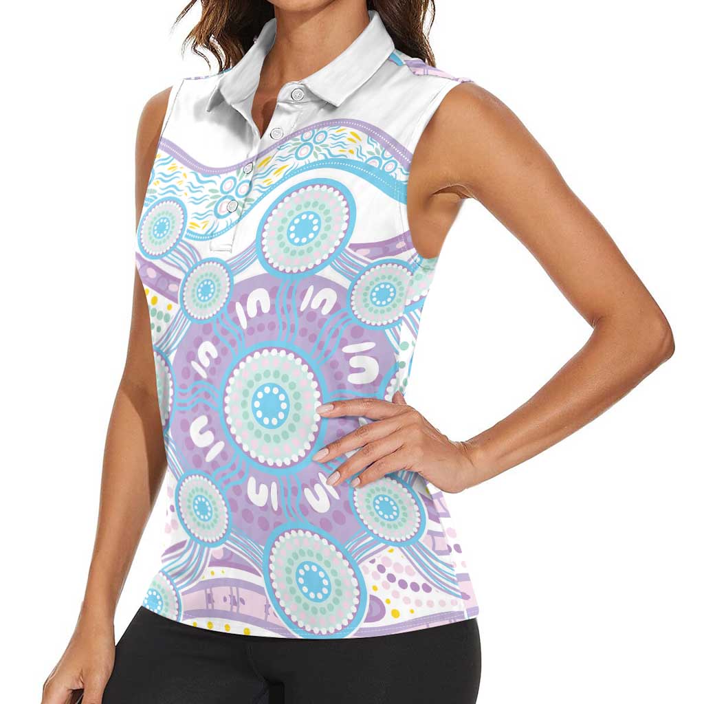 Australian Indigenous Aboriginal Art Women Sleeveless Polo Shirt Vivid Pastel Pink Teal
