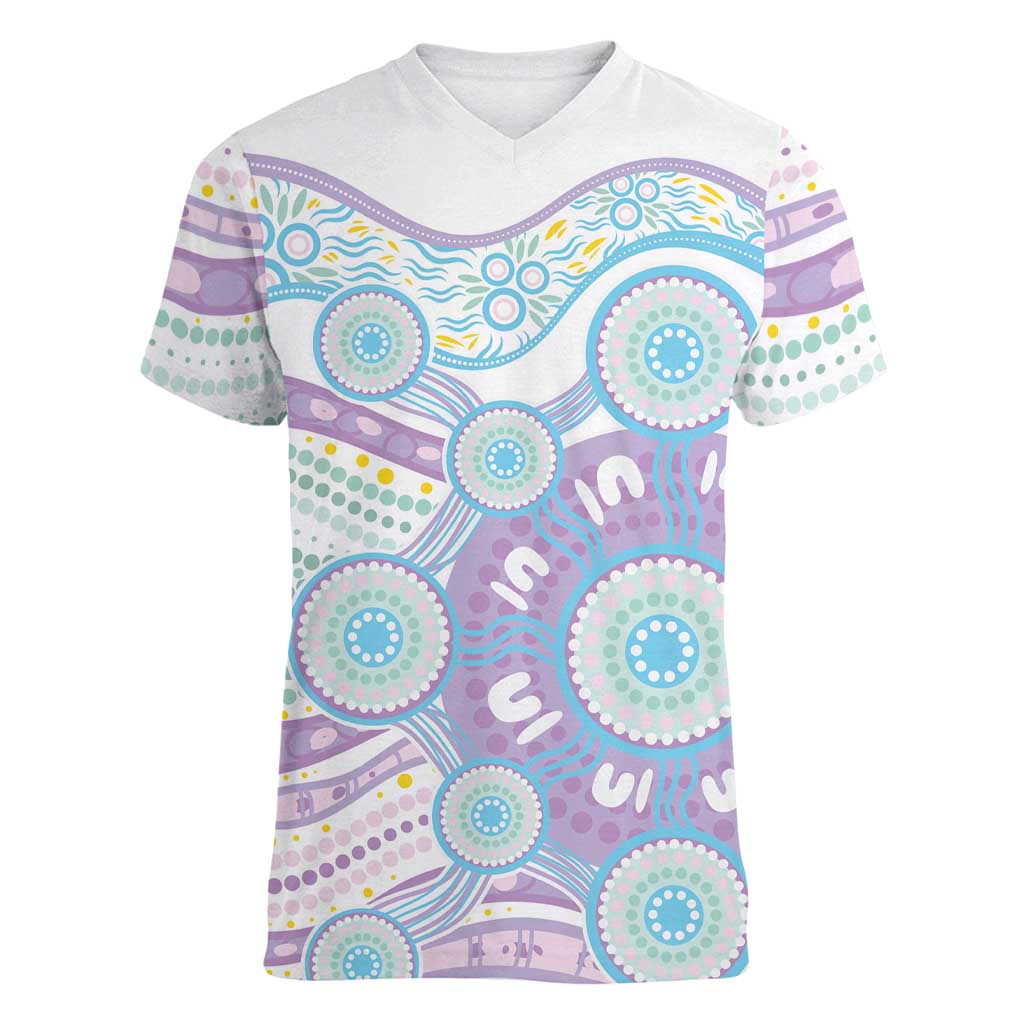 Australian Indigenous Aboriginal Art Women V-Neck T-Shirt Vivid Pastel Pink Teal