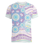 Australian Indigenous Aboriginal Art Women V-Neck T-Shirt Vivid Pastel Pink Teal