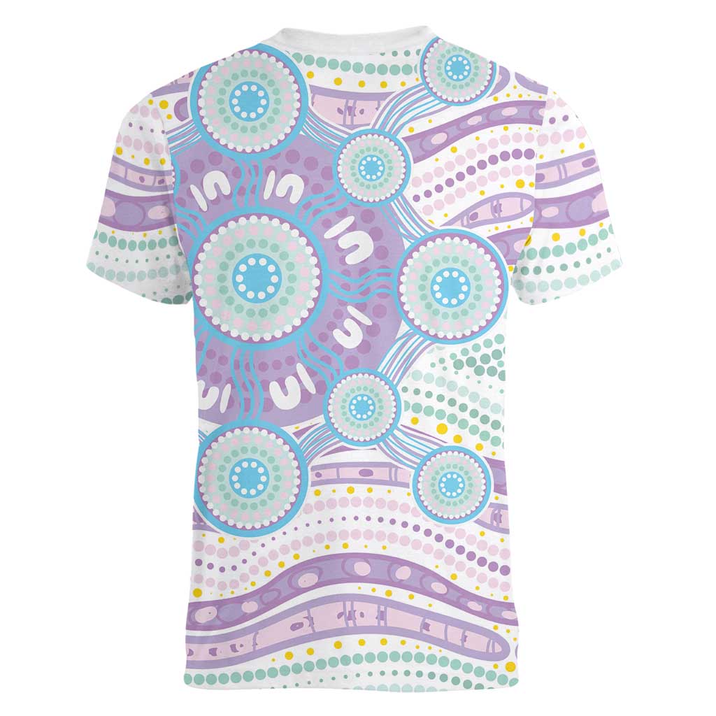 Australian Indigenous Aboriginal Art Women V-Neck T-Shirt Vivid Pastel Pink Teal