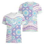 Australian Indigenous Aboriginal Art Women V-Neck T-Shirt Vivid Pastel Pink Teal