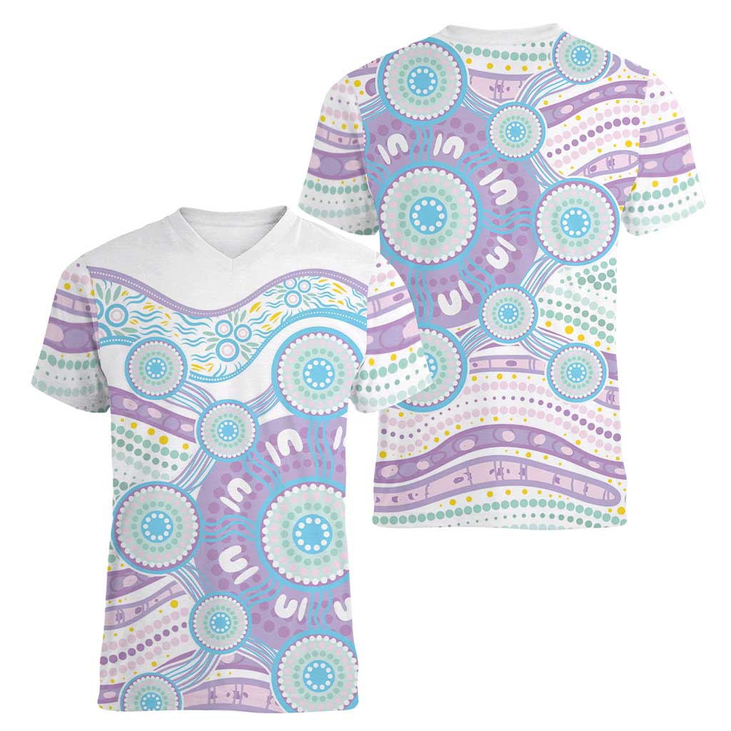 Australian Indigenous Aboriginal Art Women V-Neck T-Shirt Vivid Pastel Pink Teal