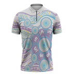 Australian Indigenous Aboriginal Art Zipper Polo Shirt Vivid Pastel Pink Teal