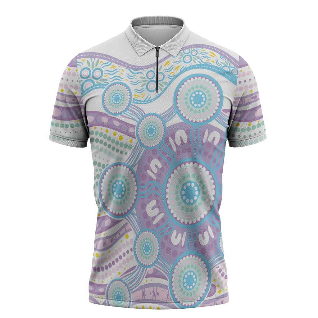 Australian Indigenous Aboriginal Art Zipper Polo Shirt Vivid Pastel Pink Teal