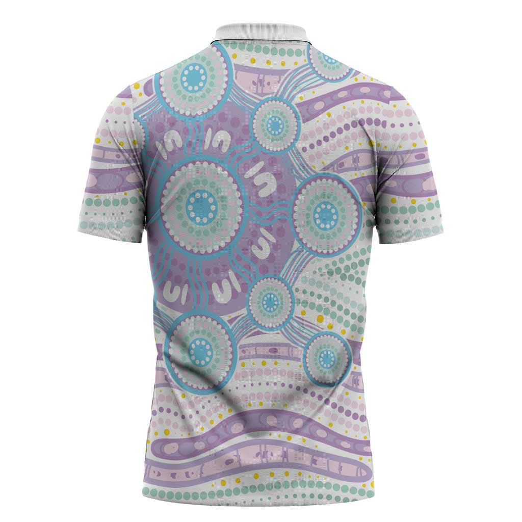 Australian Indigenous Aboriginal Art Zipper Polo Shirt Vivid Pastel Pink Teal