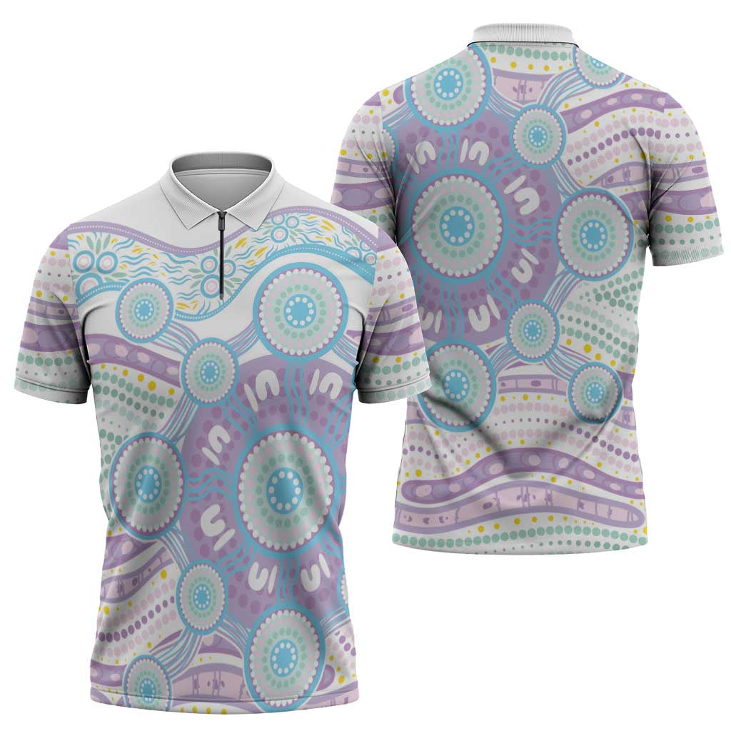 Australian Indigenous Aboriginal Art Zipper Polo Shirt Vivid Pastel Pink Teal