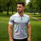 Australian Indigenous Aboriginal Art Zipper Polo Shirt Vivid Pastel Pink Teal