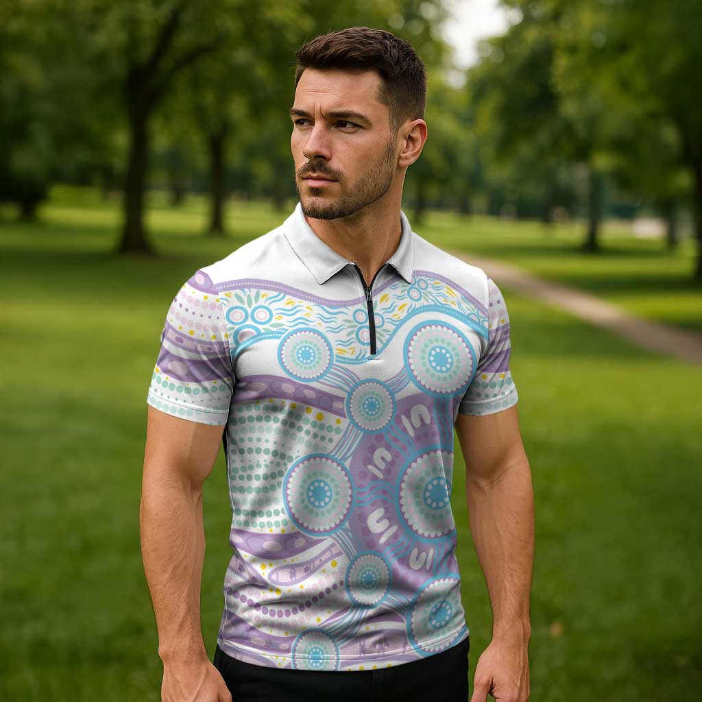 Australian Indigenous Aboriginal Art Zipper Polo Shirt Vivid Pastel Pink Teal