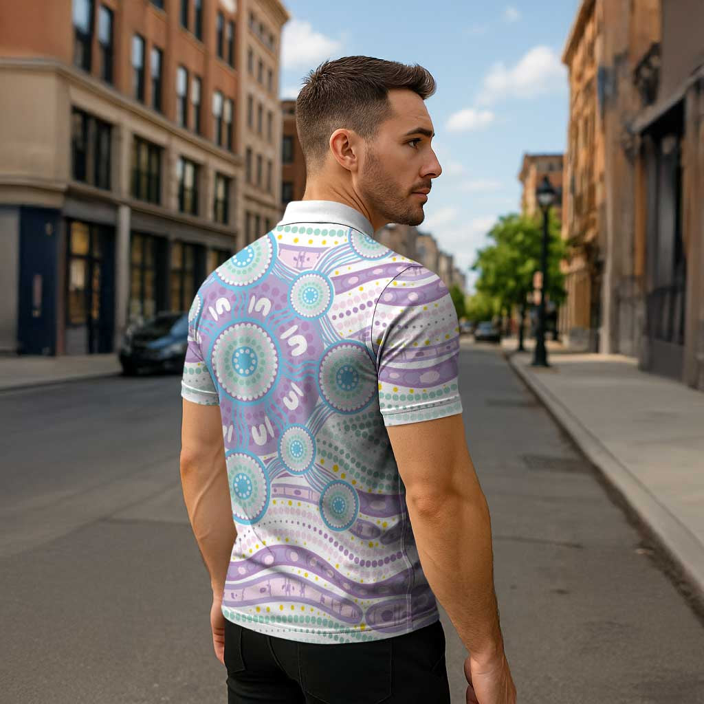 Australian Indigenous Aboriginal Art Zipper Polo Shirt Vivid Pastel Pink Teal
