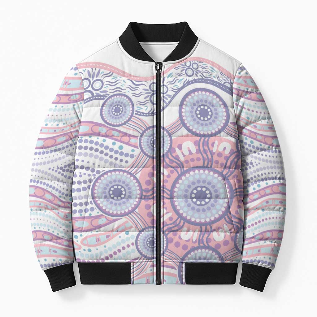 Australian Indigenous Aboriginal Art Bomber Puffer Jacket Vivid Pastel Peach Purple