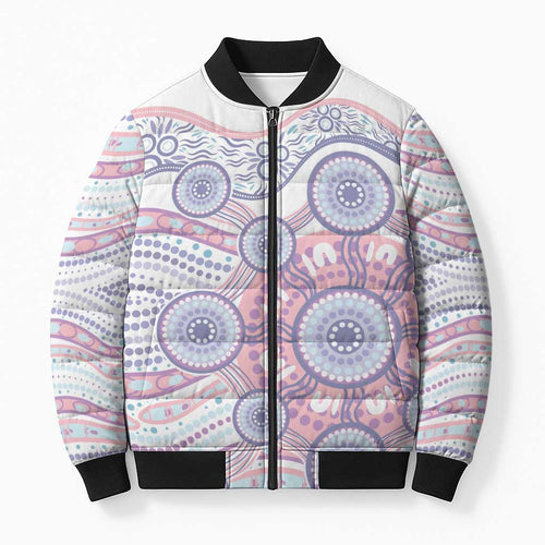 Australian Indigenous Aboriginal Art Bomber Puffer Jacket Vivid Pastel Peach Purple