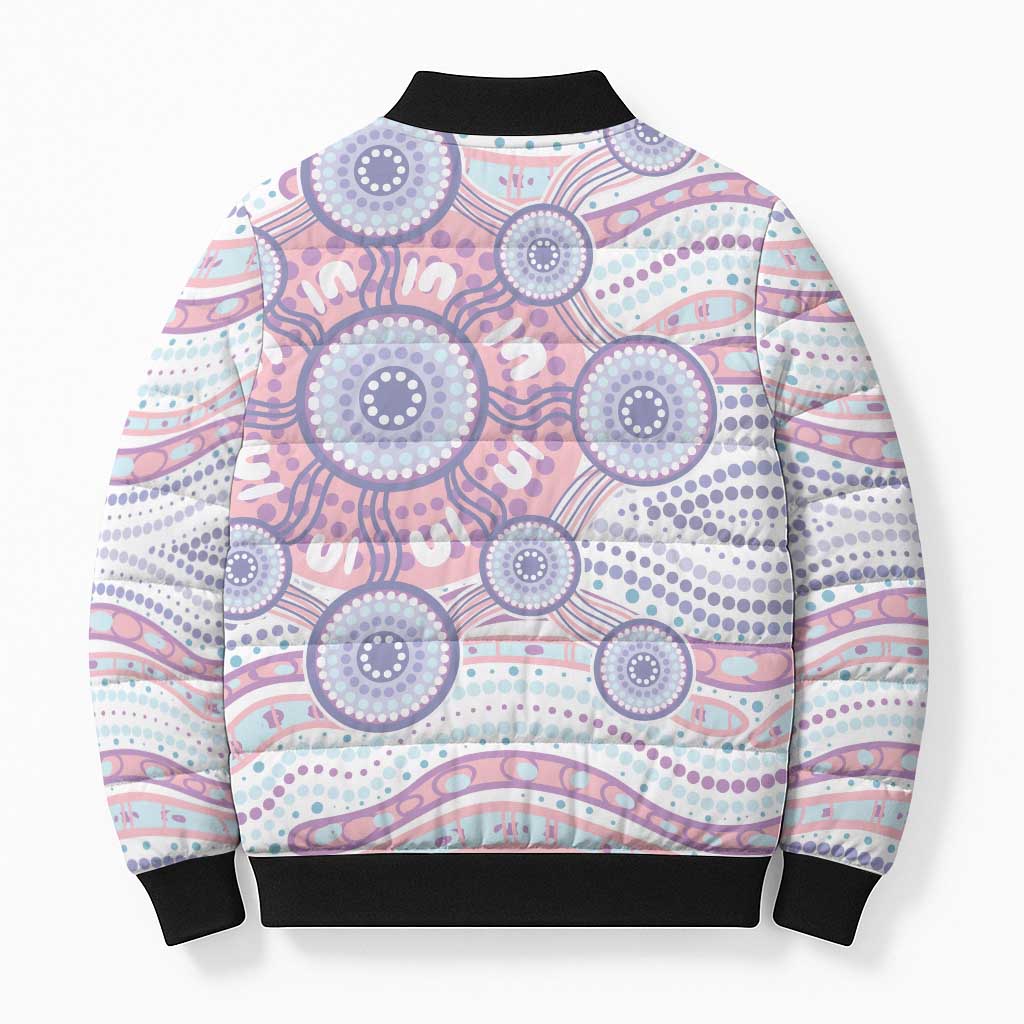 Australian Indigenous Aboriginal Art Bomber Puffer Jacket Vivid Pastel Peach Purple