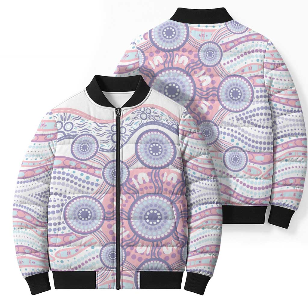Australian Indigenous Aboriginal Art Bomber Puffer Jacket Vivid Pastel Peach Purple