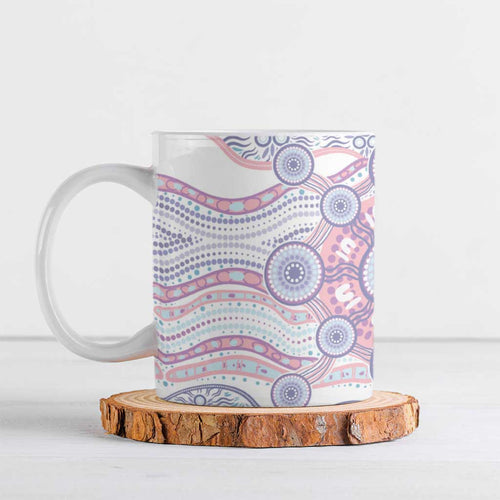 Australian Indigenous Aboriginal Art Ceramic Mug Vivid Pastel Peach Purple