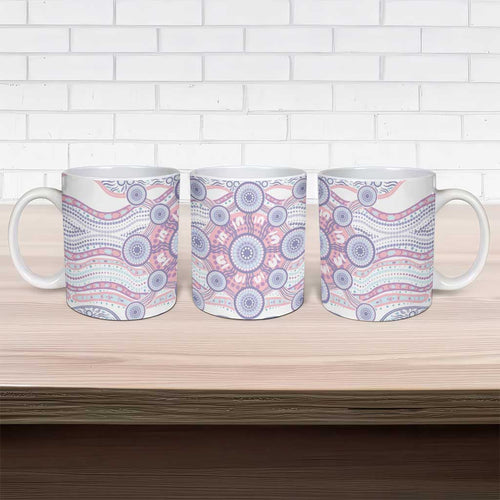 Australian Indigenous Aboriginal Art Ceramic Mug Vivid Pastel Peach Purple